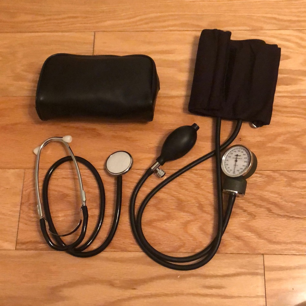 Stethoscope and blood pressure cuff with bag
